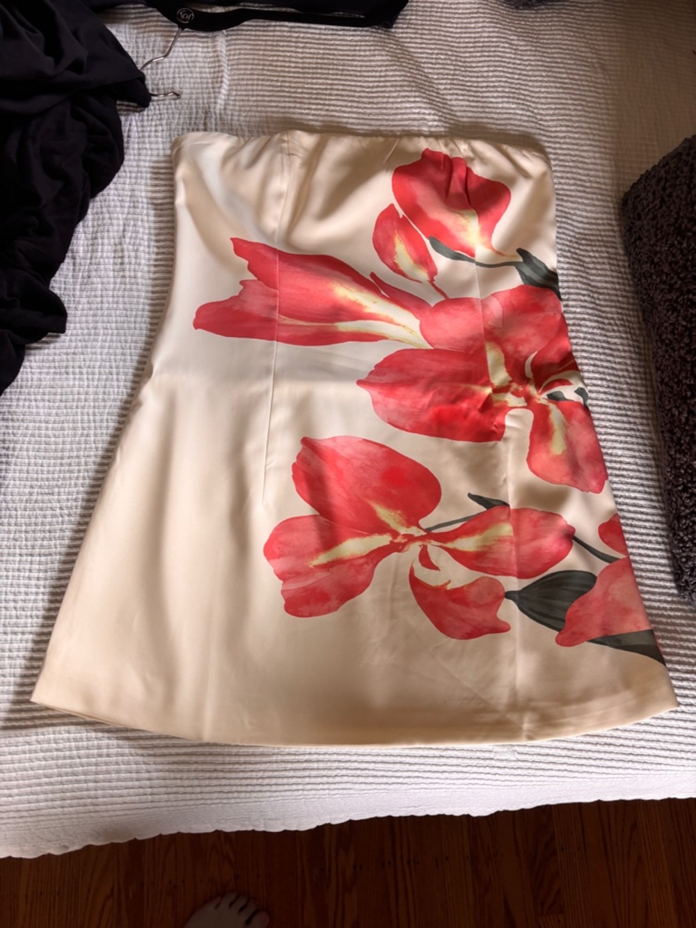 Peppermayo Cream Strapless Dress with Red Floral Print